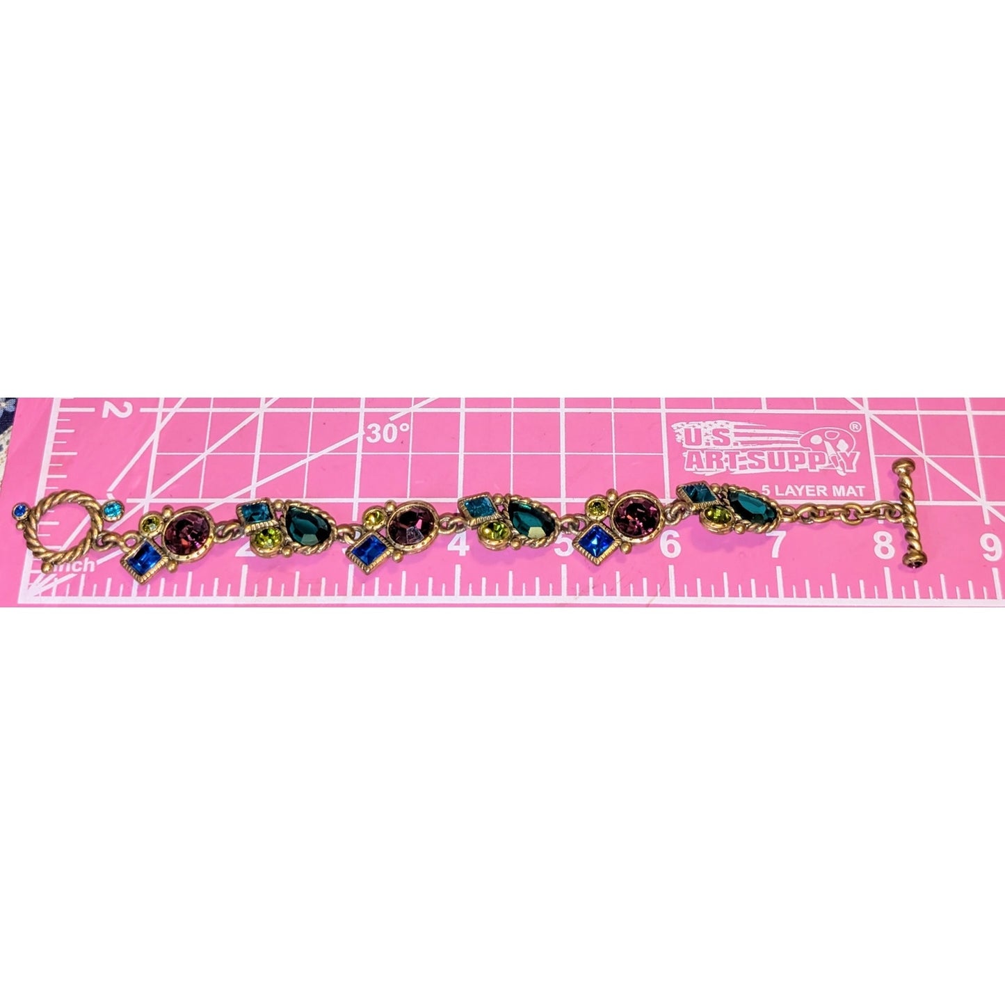 Vintage Multi-Gem Multi-Shape Gold Tone Toggle Clasp 8" Bracelet