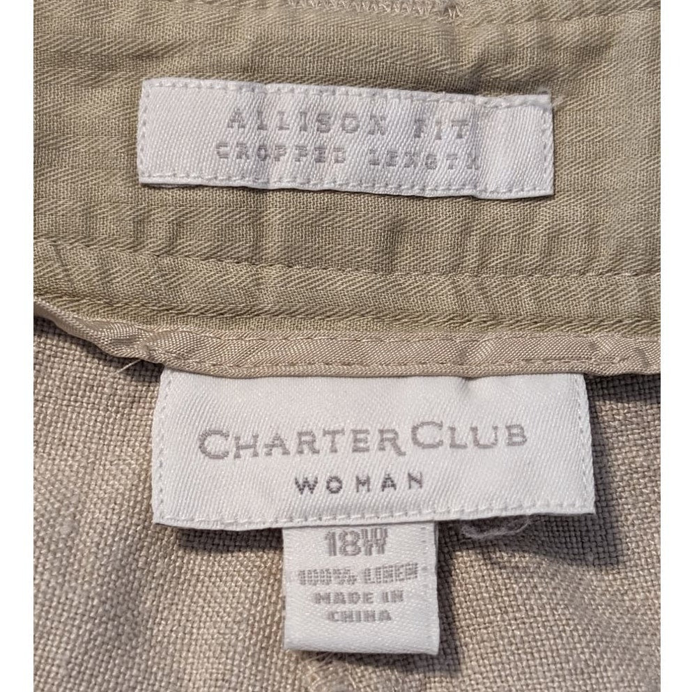 Charter Club Allison Fit Cropped 100% Linen Ecru Roll Tab Pant Womens Sz 18W