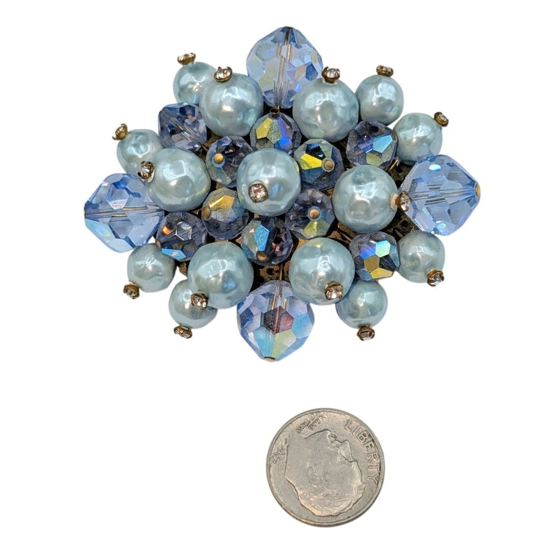 Vintage 1950s Laguna Blue Faux Pearl Rhinestone Crystal Brooch