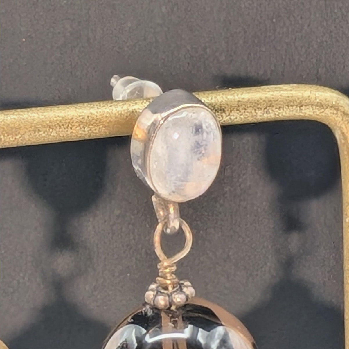 Vintage 925 Sterling Silver Moonstone Smoky Topaz Drop Dangle Earrings