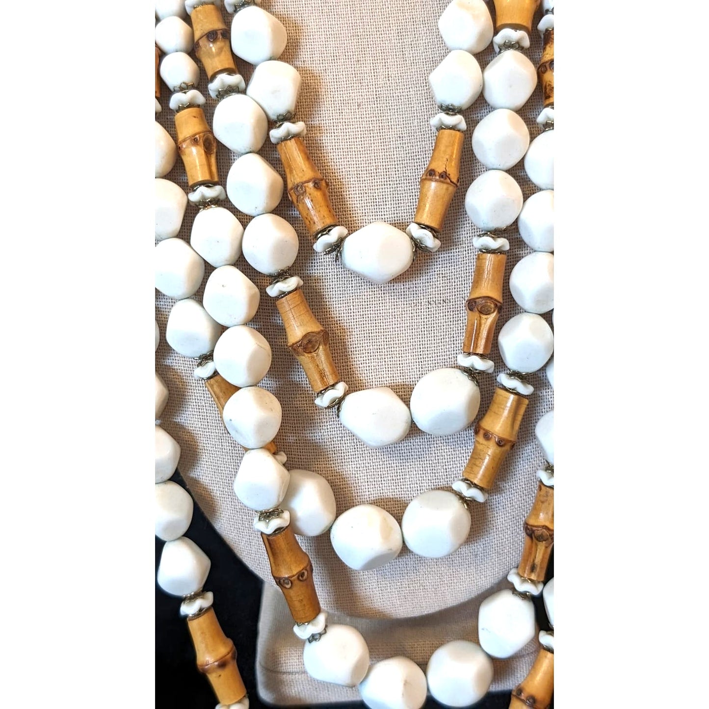 Signed Hobe Five Strand White & Bamboo Bead Vintage Necklace