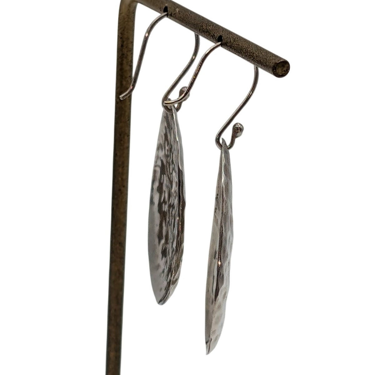 925 Mexico Sterling Silver Hammered Finish Large Teardrop Dangle Wire Earrings