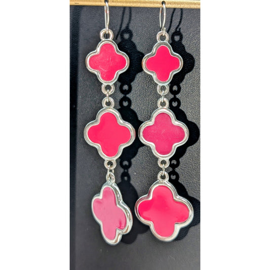 Hot Pink Enamel Three Quatrefoil Silver Tone Dangle Pierced Earrings