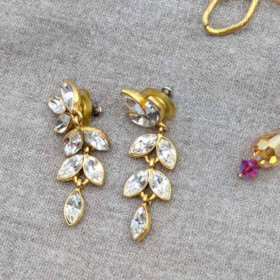 Lot of 14 Pair Crystal Rhinestone Gold Tone Earrings for Pierced Ears
