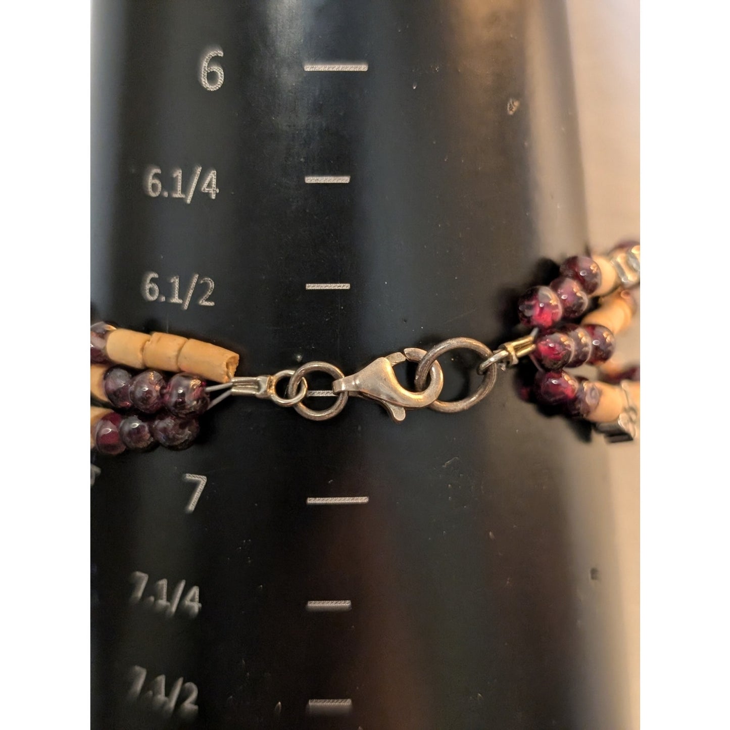 925 Sterling Silver Three Strand Garnet Sterling Floral & Wood Bead Bracelet