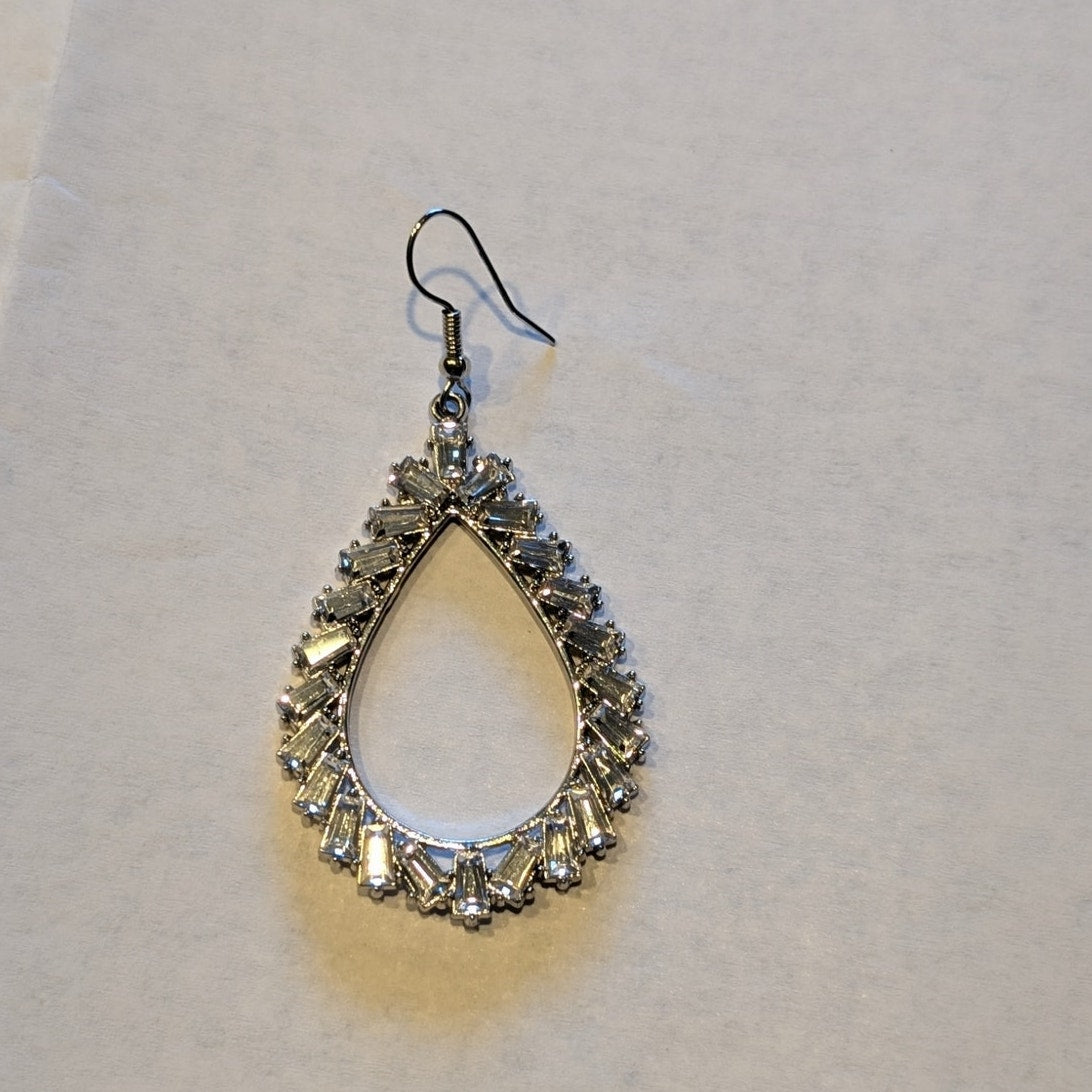 Baguette Crystal Teardrop Silver Tone Earrings