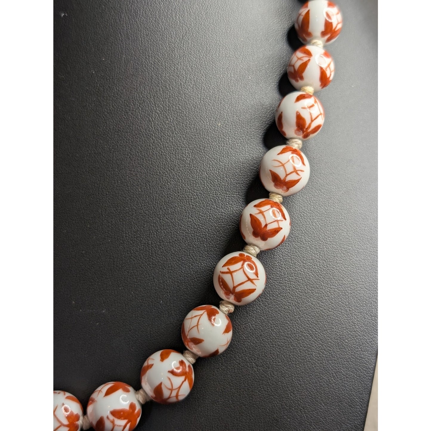 Vintage Mid Century Japanese Porcelain Butterfly Bead Hand-knotted 26" Necklace