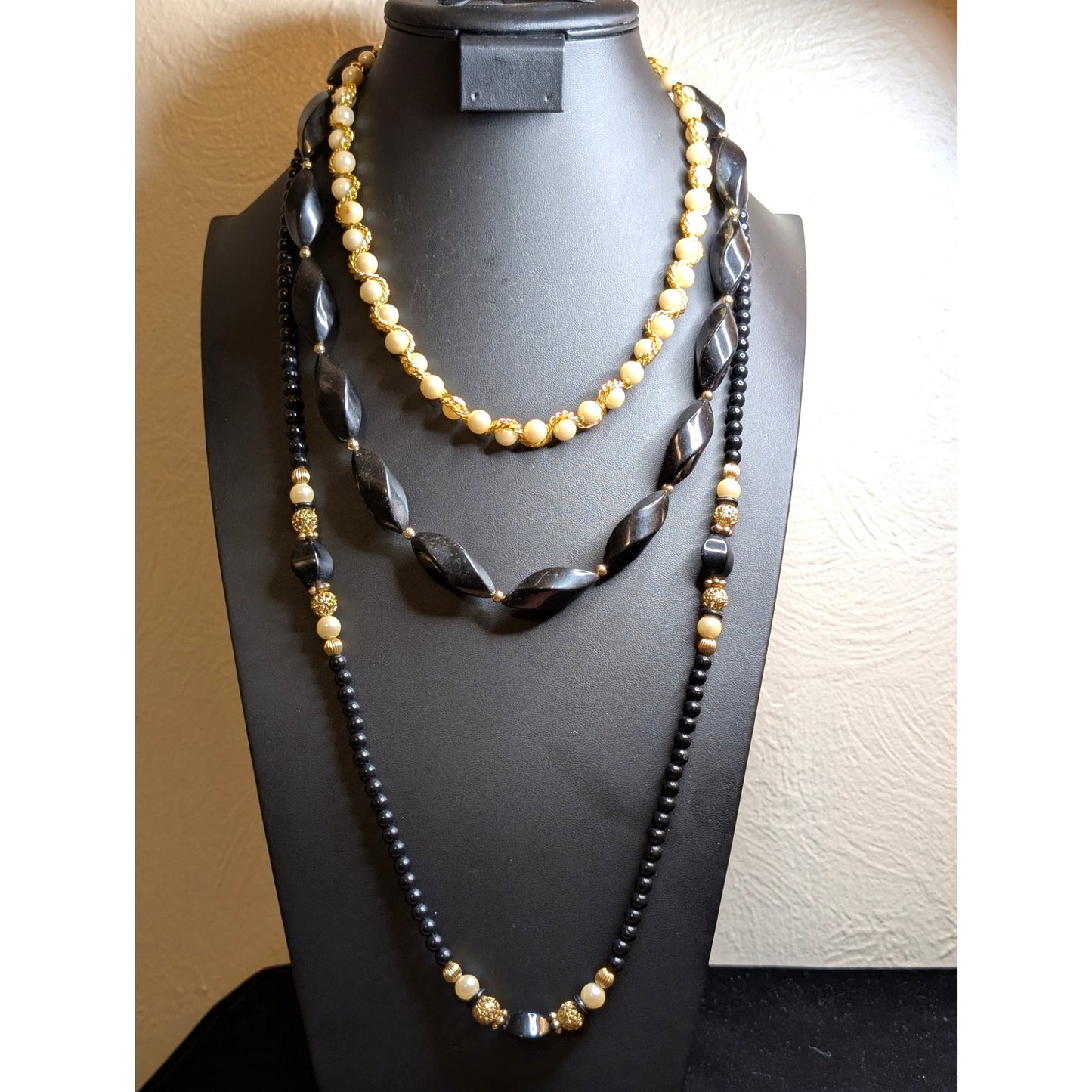 Lot of Three Cream Black Gold Layering Necklaces
