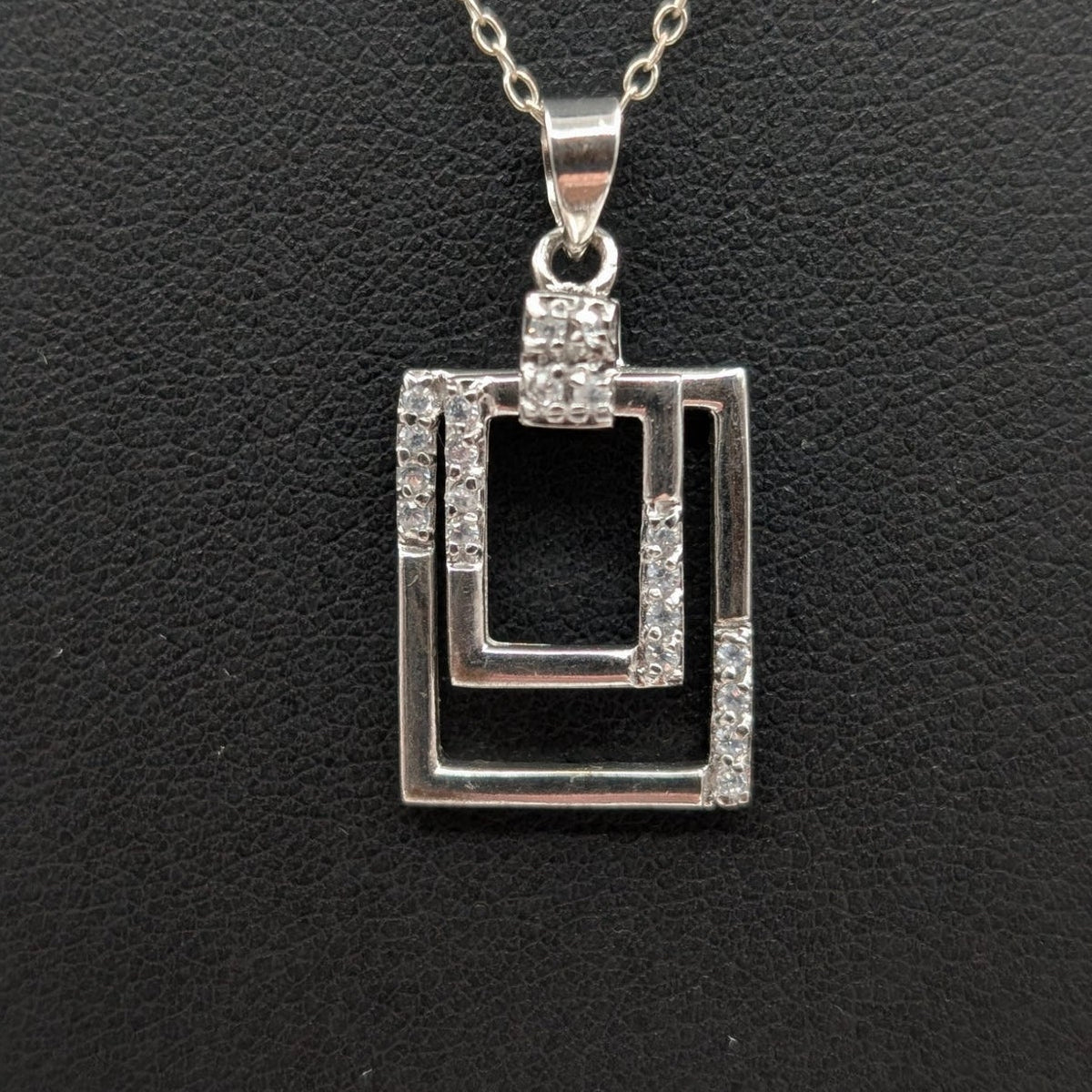 925 Sterling Silver Rectangle Within a Rectangle CZ Pendant 18" Chain Necklace