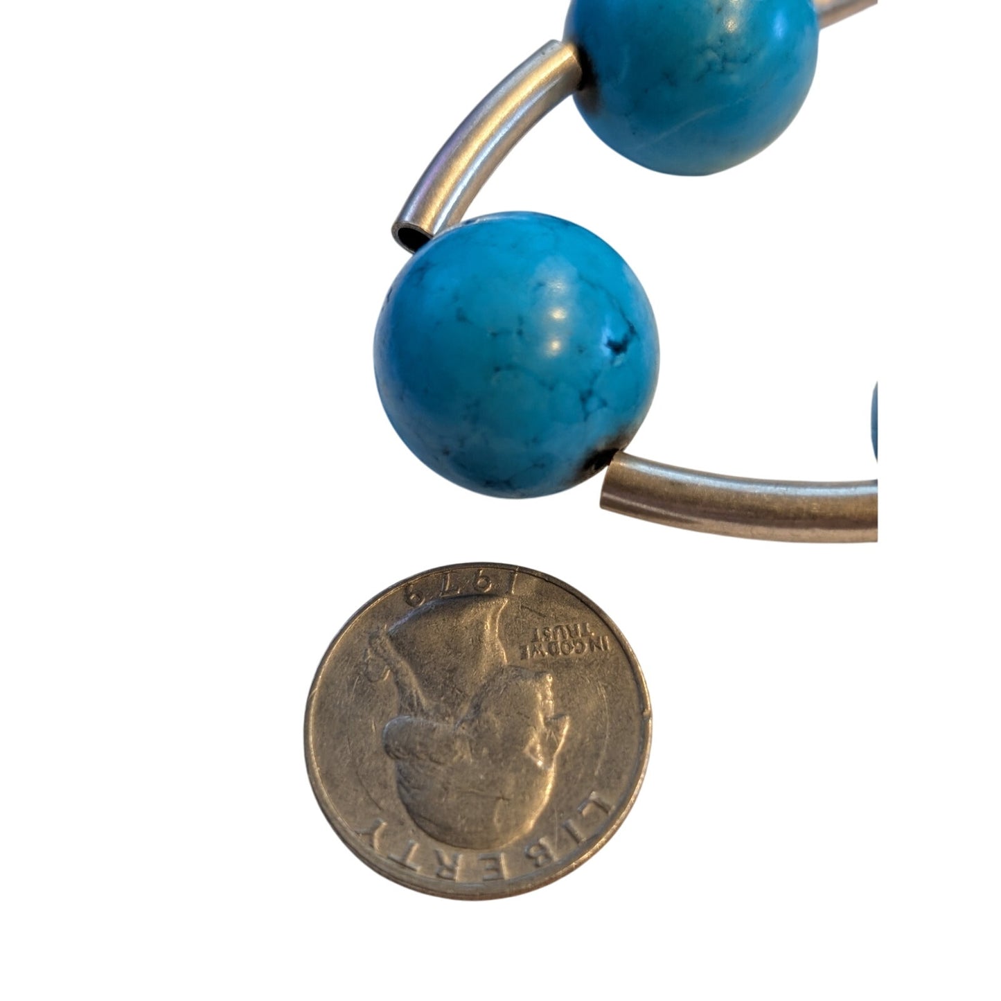 Heavy Blue Stone Bead Curved Silver Tone Rod Bead 17" Necklace
