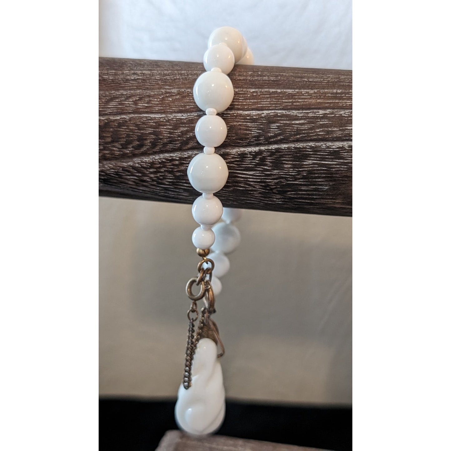 Miriam Haskell White Milk Glass Bead Dangle Charm Safety Chain Signed Bracelet
