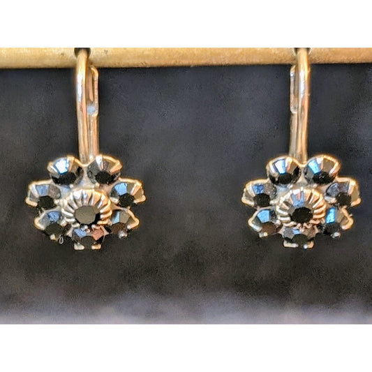 Silver Tone Black Crystal Flower Lever Back 1/4" Earrings