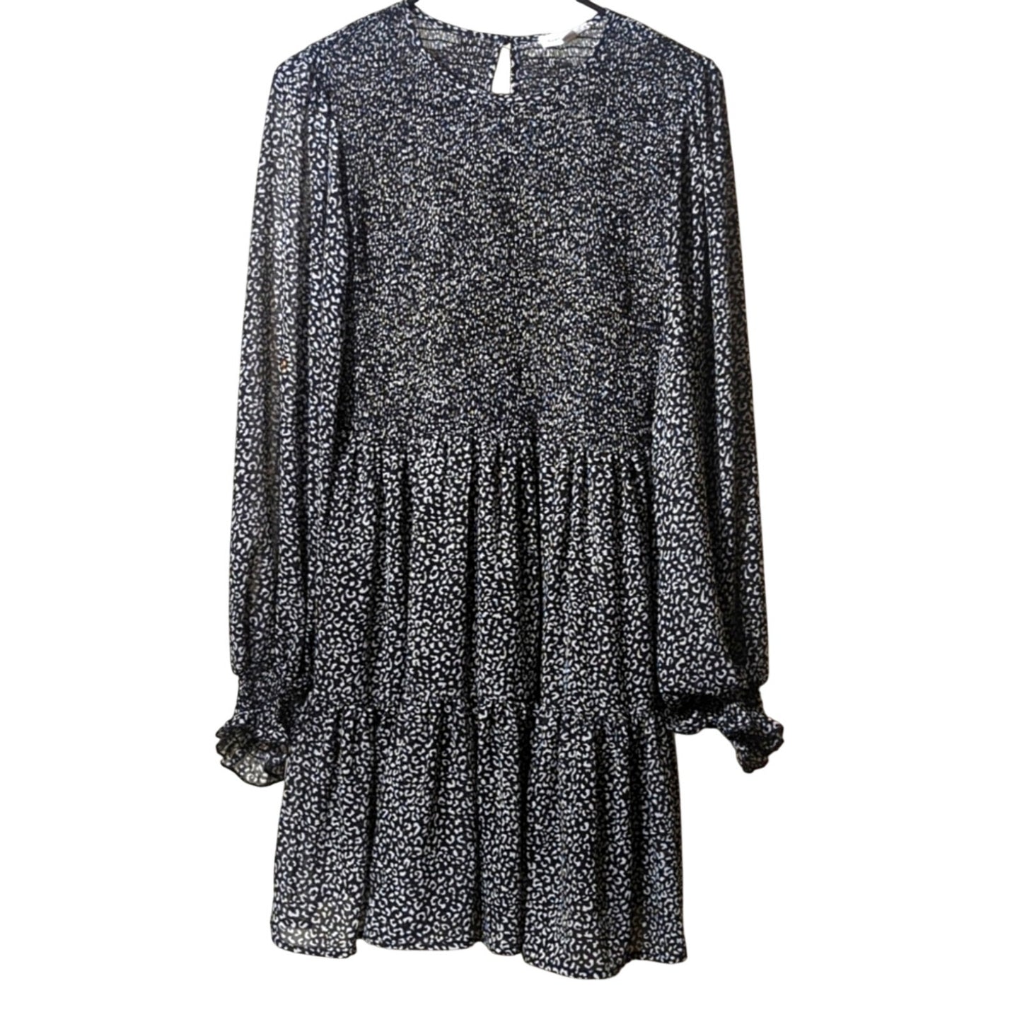 Newbury Kustom Black/White Smocked Tiered Flirty Long Sleeve Dress Women's Sz L