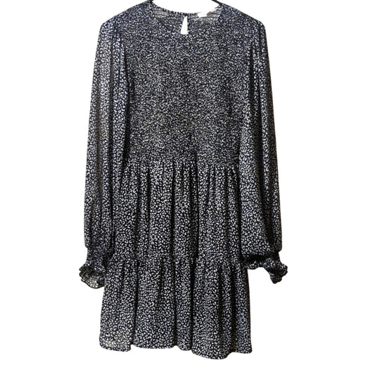 Newbury Kustom Black/White Smocked Tiered Flirty Long Sleeve Dress Women's Sz L