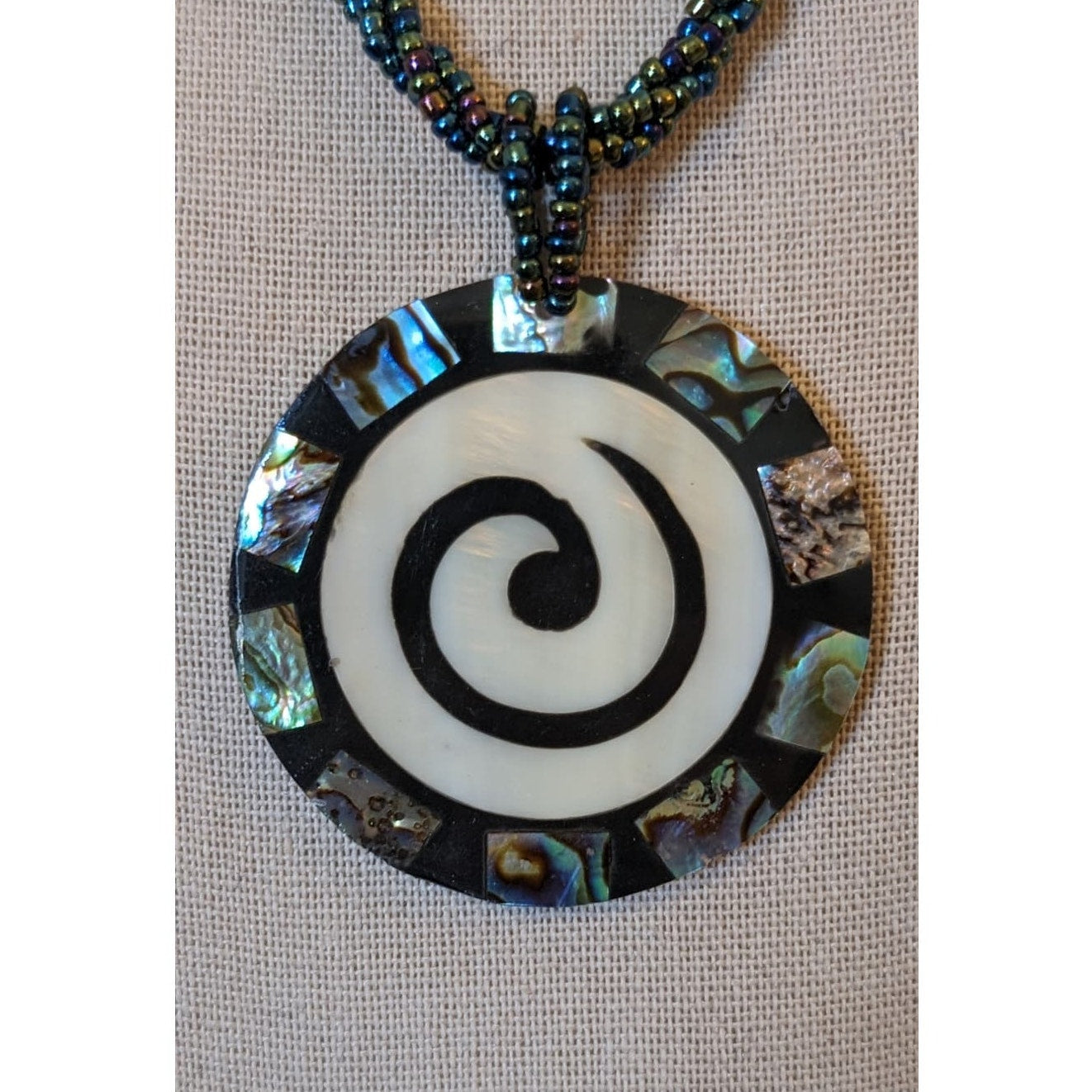 Abalone Shell Seed Bead Twisted Strand Button Clasp Necklace