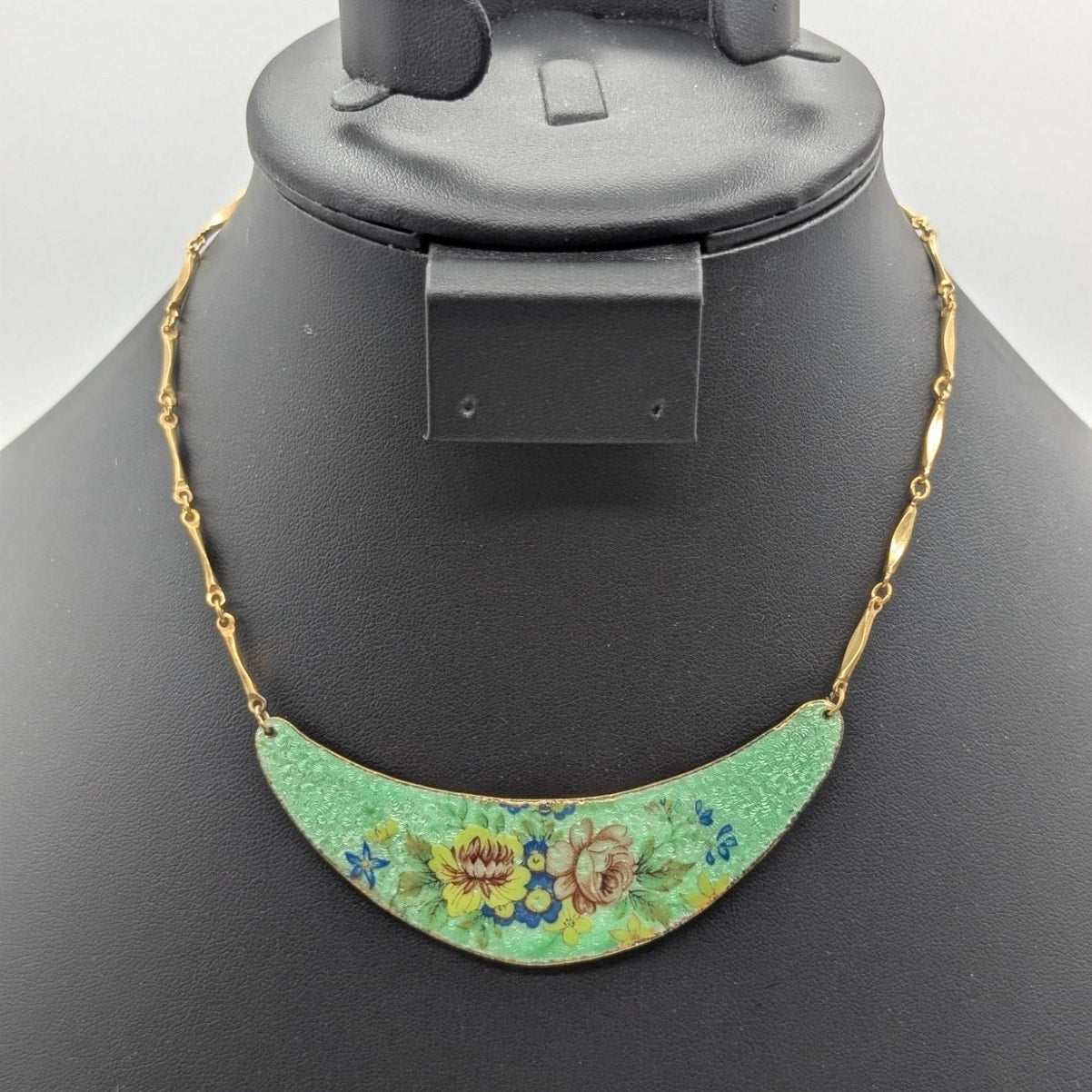 Vintage Gold Tone Green Hand Painted Enamel Choker 15" Necklace