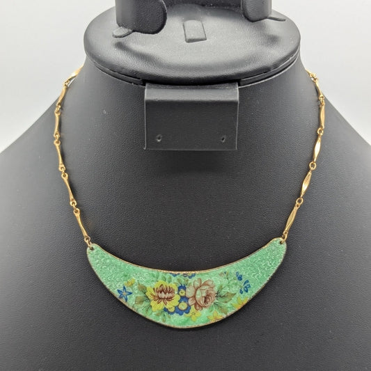 Vintage Gold Tone Green Hand Painted Enamel Choker 15" Necklace