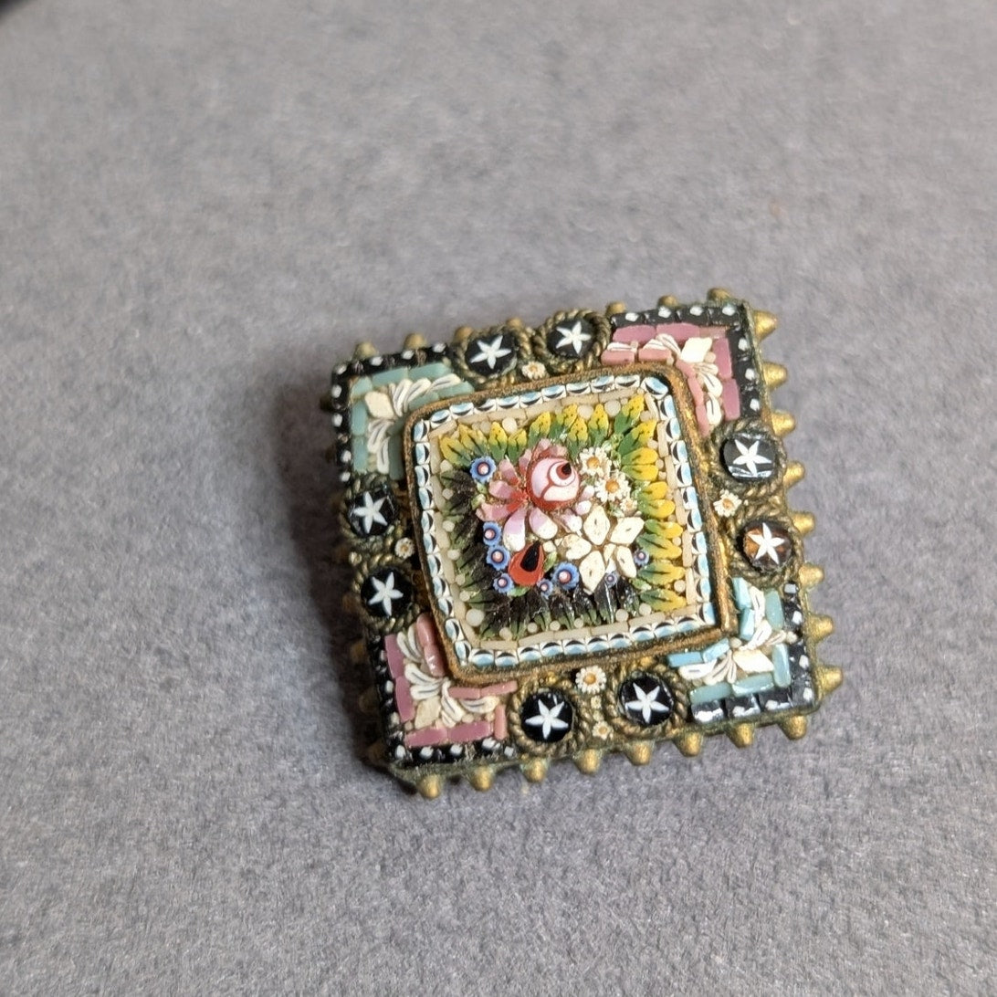 Antique Micro Mosaic Italian 19th Century 7/8" Square Brooch W/ Broken Off Hook