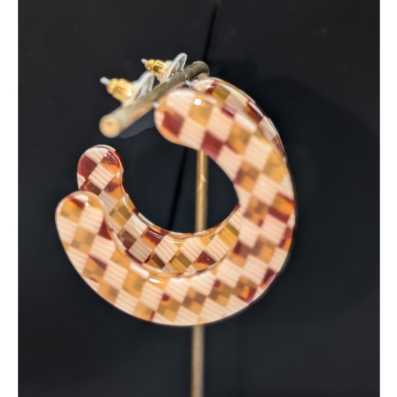 Tortoise Checkerboard Acrylic Half 1.75" Hoop Earrings