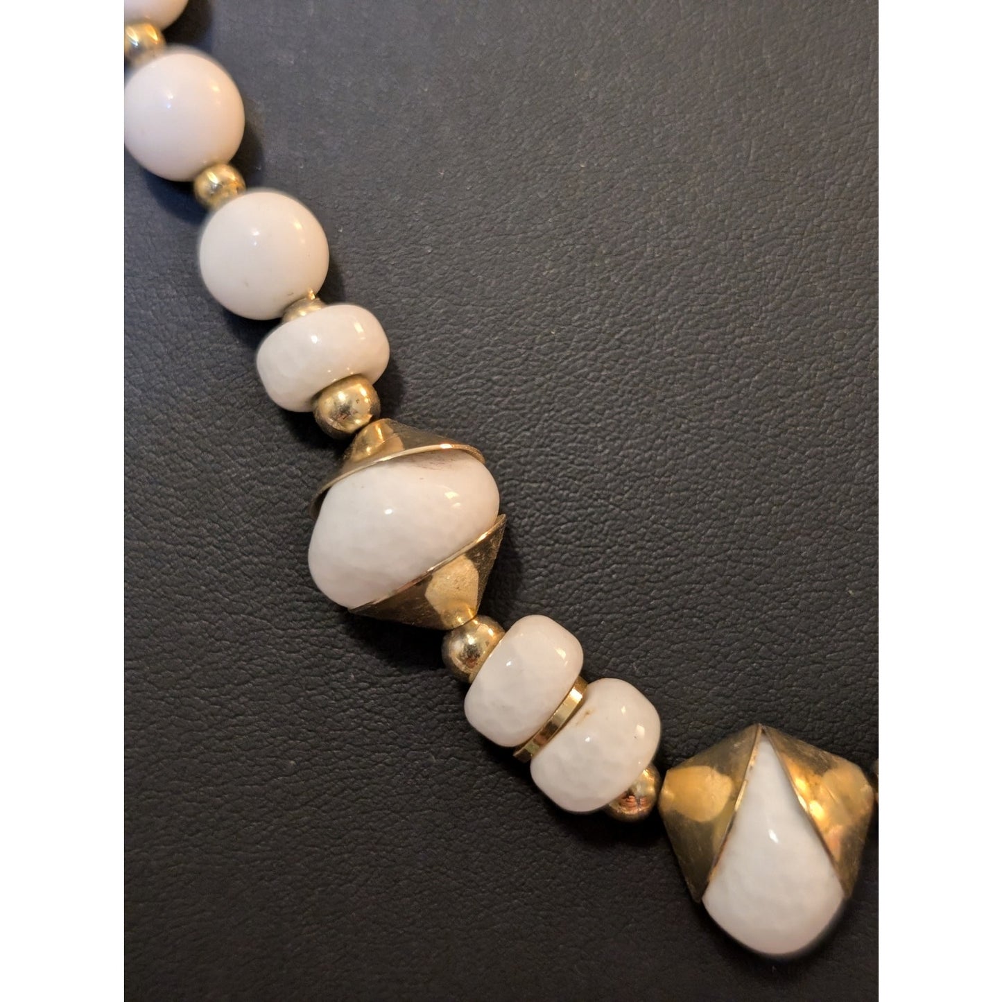 Vintage Milk Glass & Other Stone Graduated Bead Gold Tone 30" Necklace