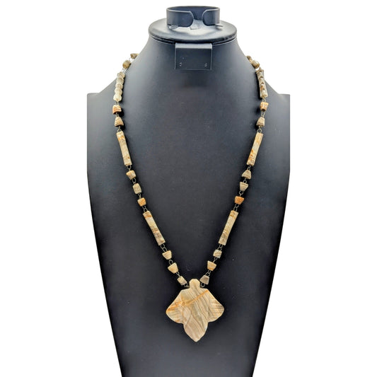 Vintage Mexican Carved Onyx Aztec Mayan Pendant Stone Over the Head 26" Necklace