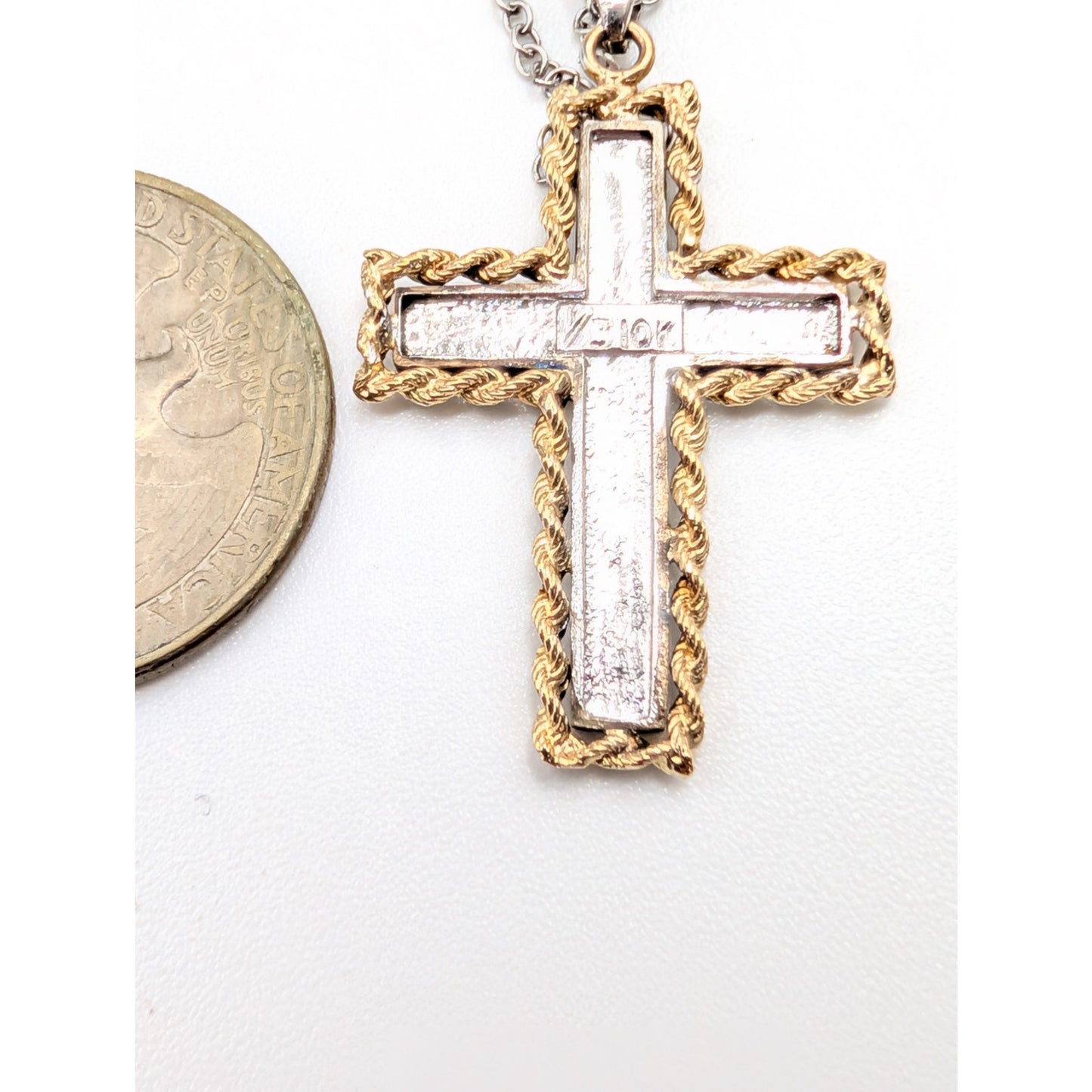 Peru 925 Sterling 1/3 10K Yellow Gold Two Tone Cross Pendant Chain 18" Necklace