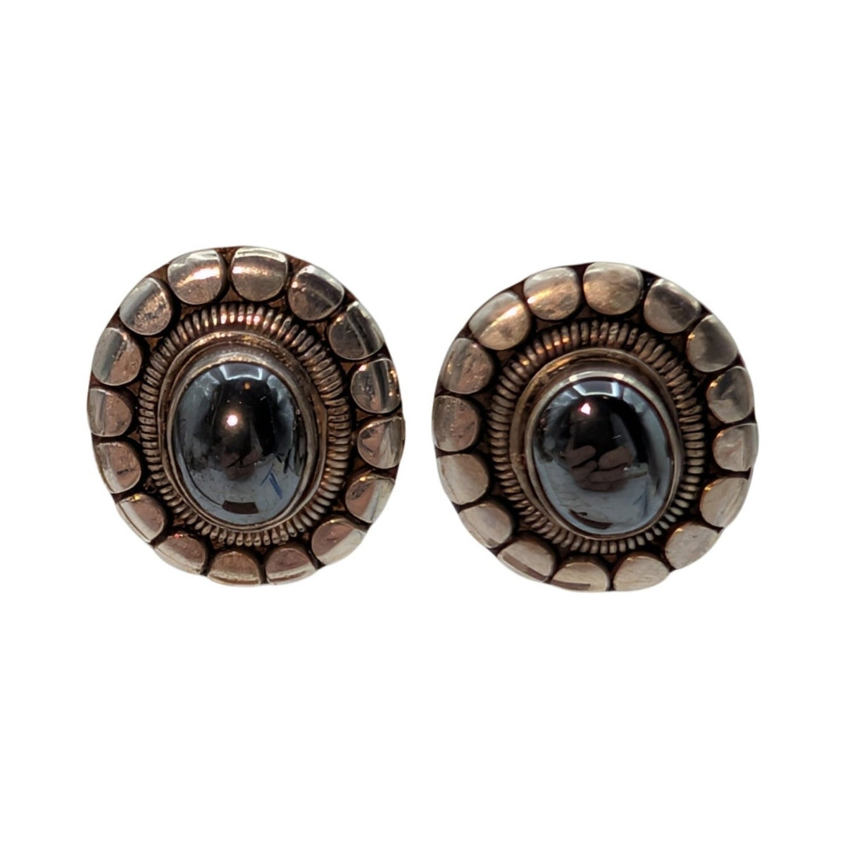 Vintage 925 Sterling Silver Hematite Dot Circle Rope Design Post Earrings