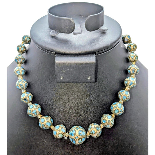 Antique Hand Made Ethnic Turquoise Inlay Non-Magnetic Graduated Bead Necklace