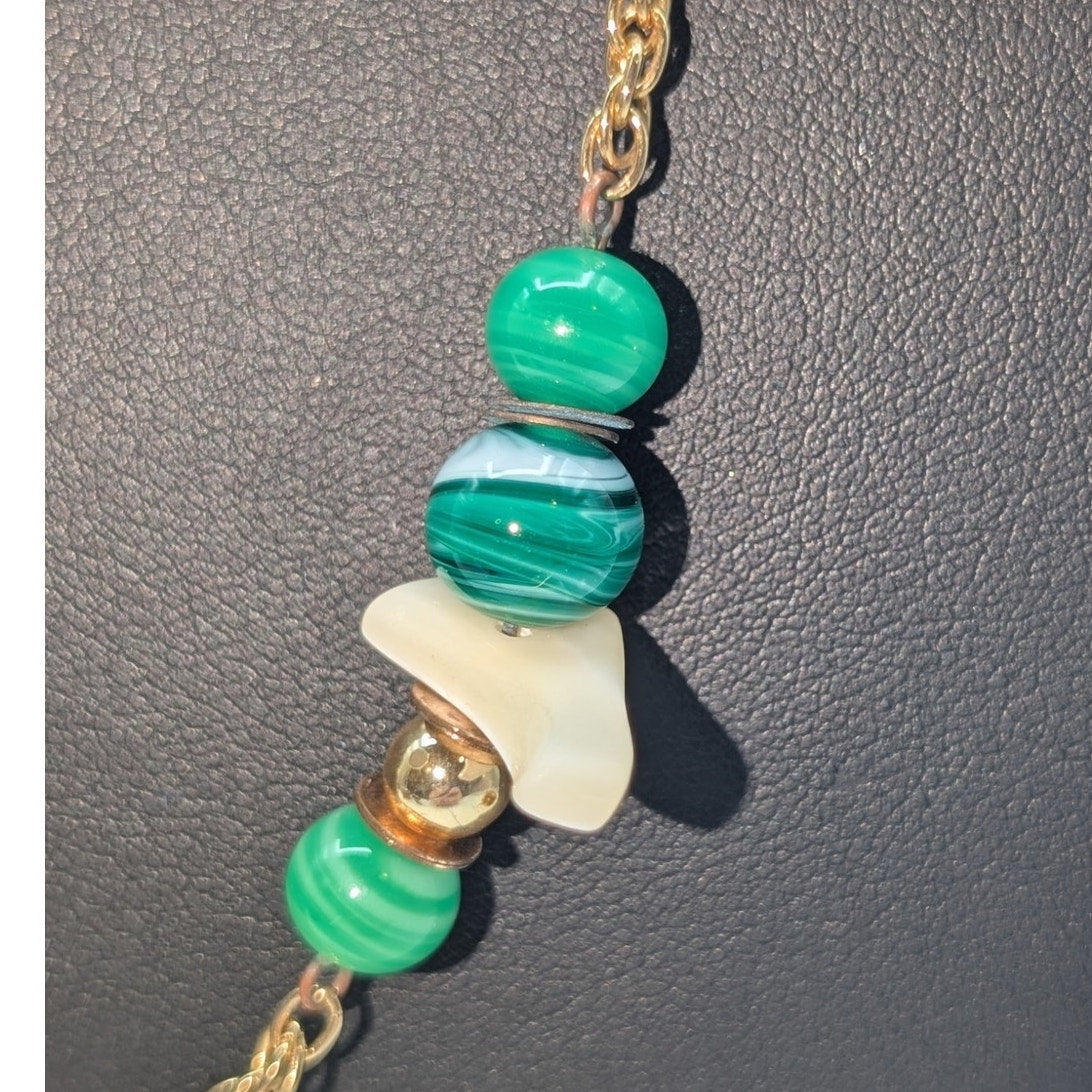 VTG Gold Tone Malachite Beaded Mother of Pearl Chip Station Chain 32" Necklace