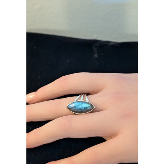 Vintage Marquis Labradorite Sterling Silver Split Shank Statement Ring Sz 7.5