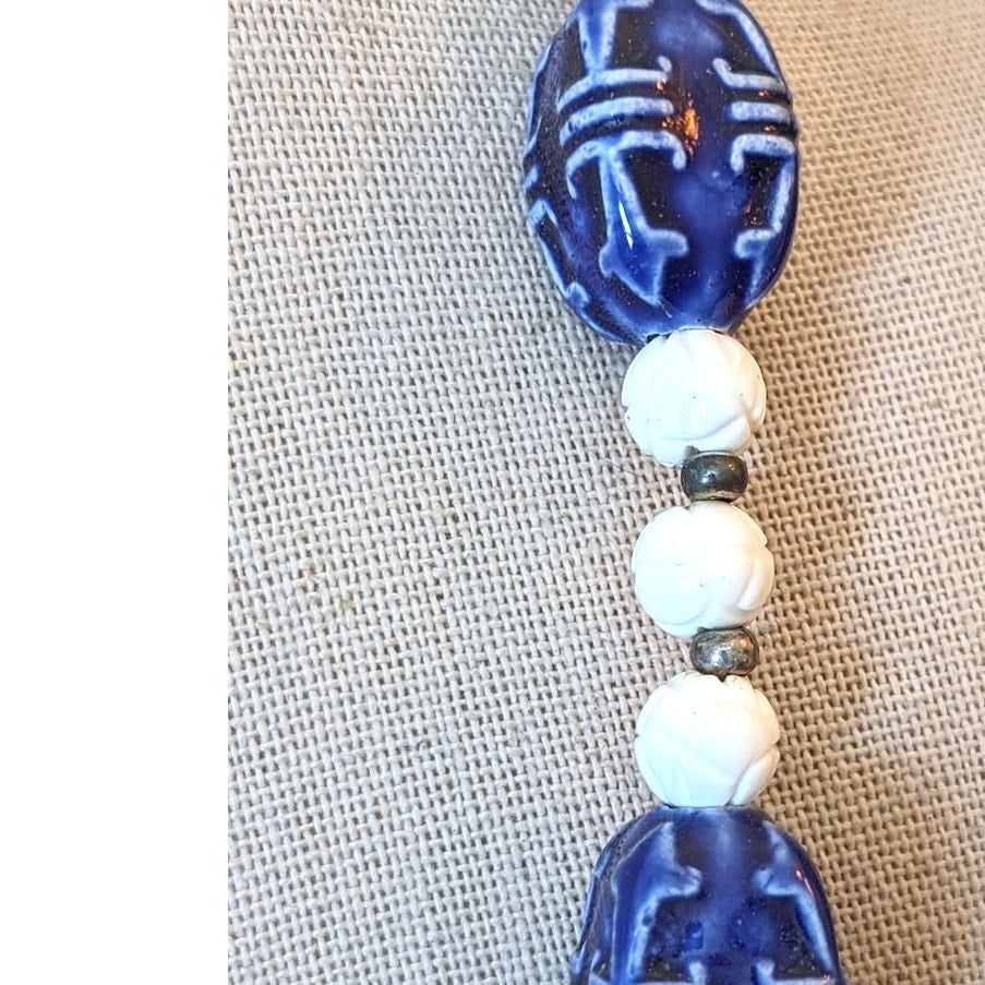 Asian Inspired Blue Ceramic Carved White Bead Necklace W/ Toggle Clasp