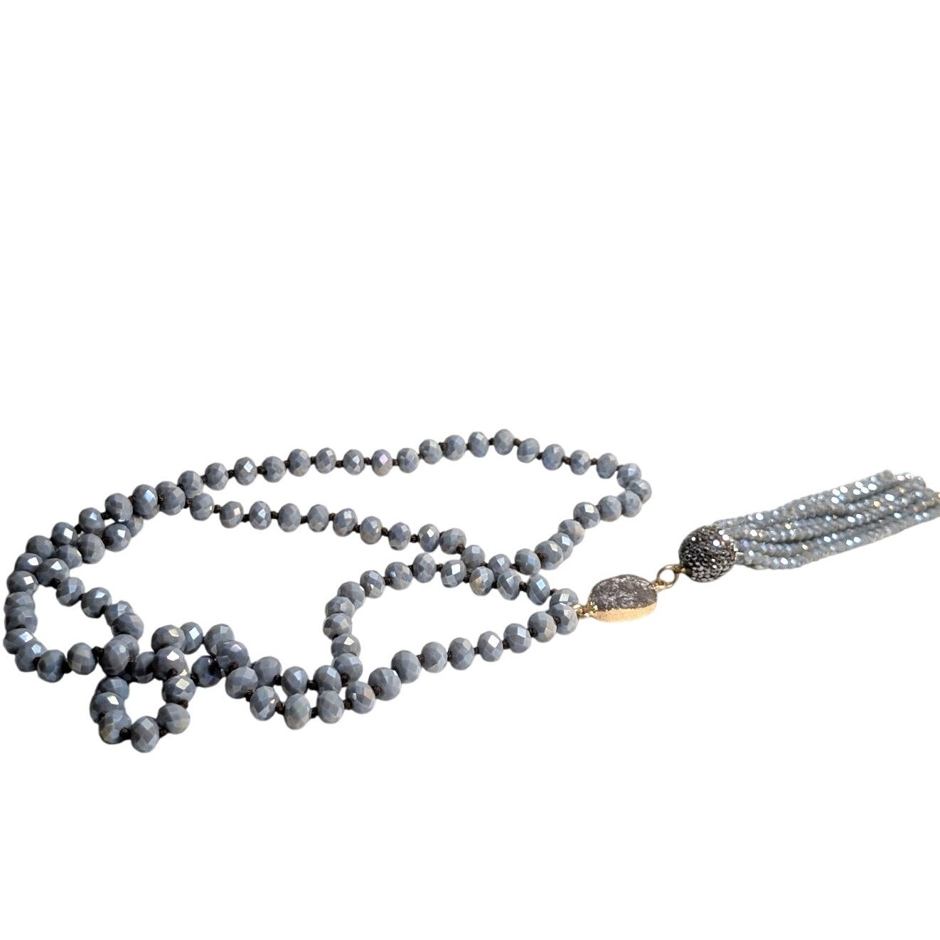 Boho Blue Gray Glass Czech Bead Druzy Sparkle Bead Tassel Necklace