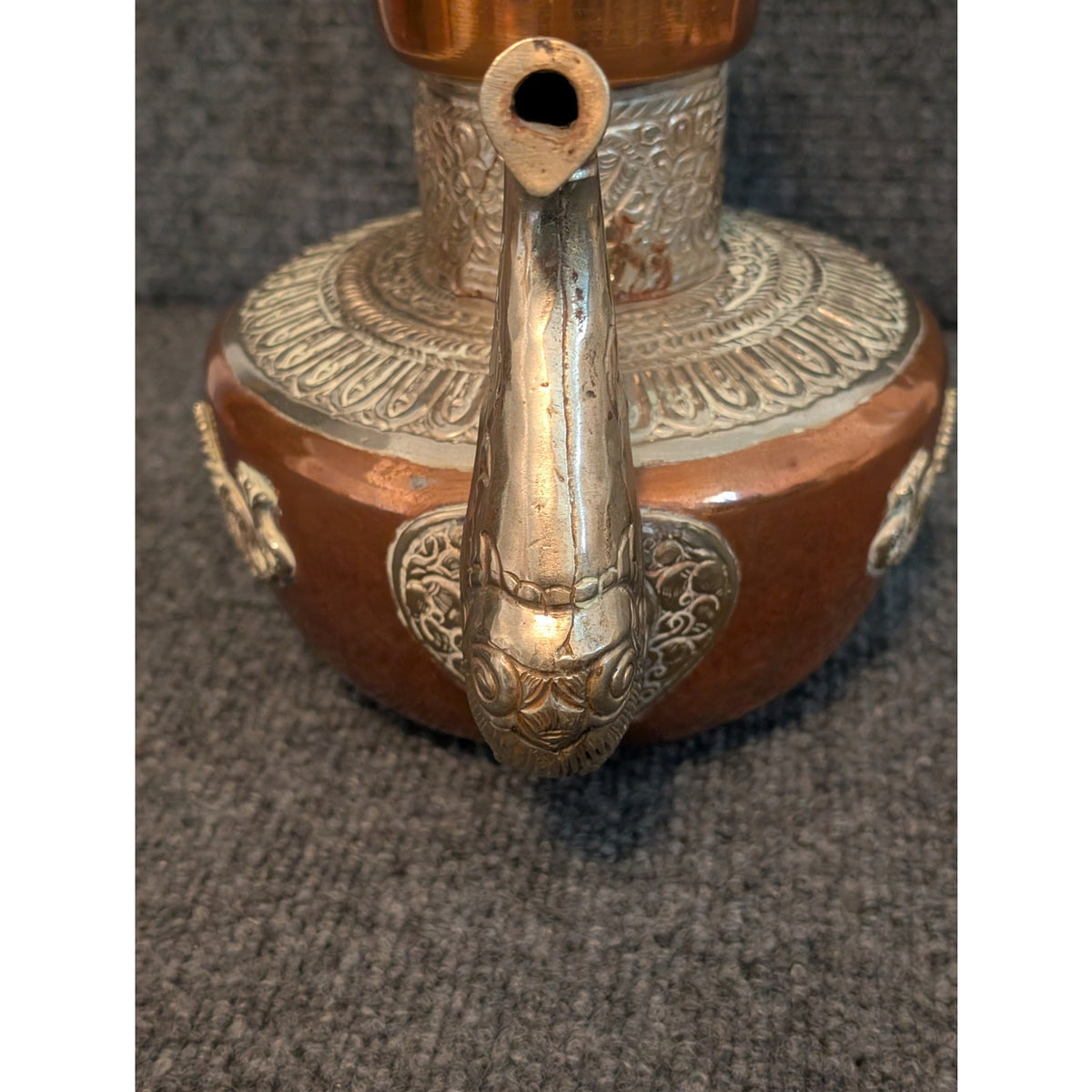 Antique 1900s Tibetan Dragon Tea Pot Ewer Copper With Silver Repose Decoration