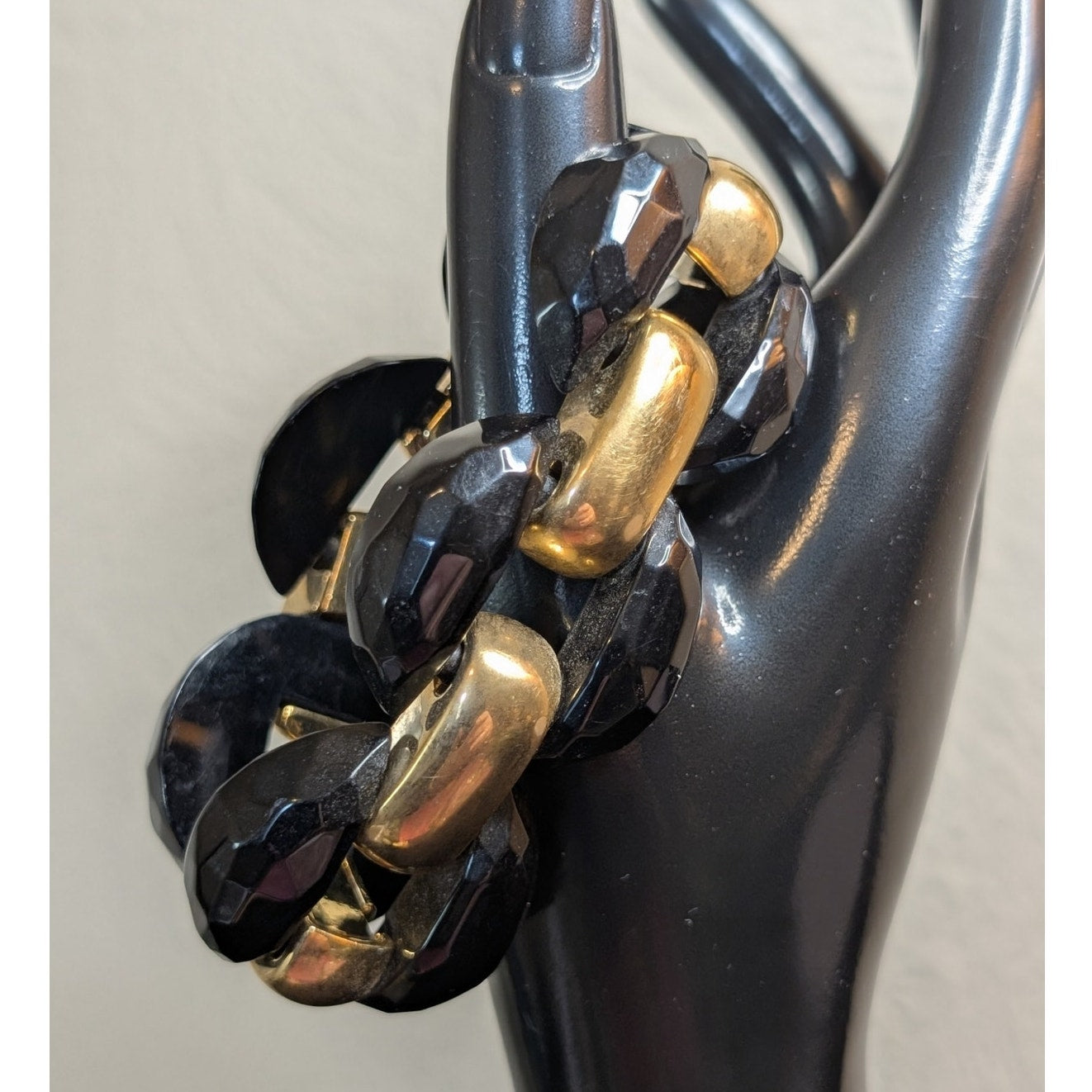 Vintage Italian Chunky Faceted Black Lucite Gold Tone Chain Link Bracelet