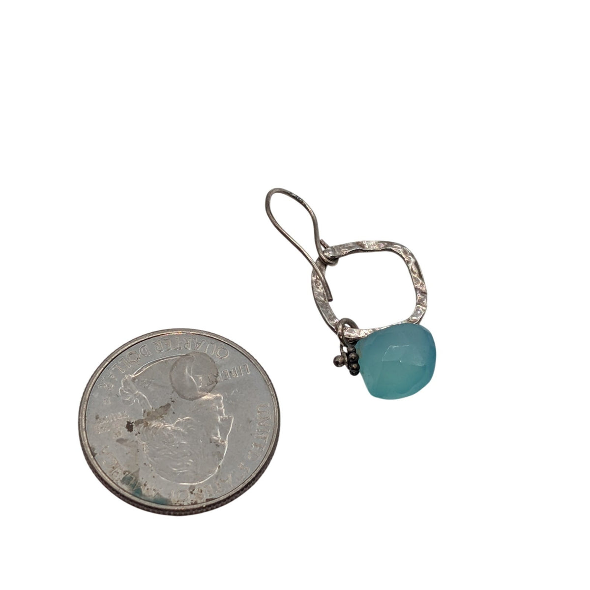 925 Sterling Silver Hammered Square Aqua Blue Faceted Glass Dangle Earrings