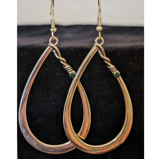 Silver Tone Teardrop 2.25" Dangle Green Crystal Earrings