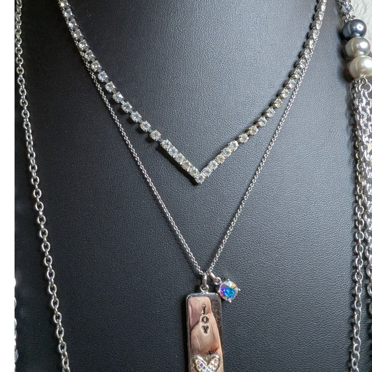 Layered Look Lot of Four Silver Tone Rhinestone Pearl Necklaces