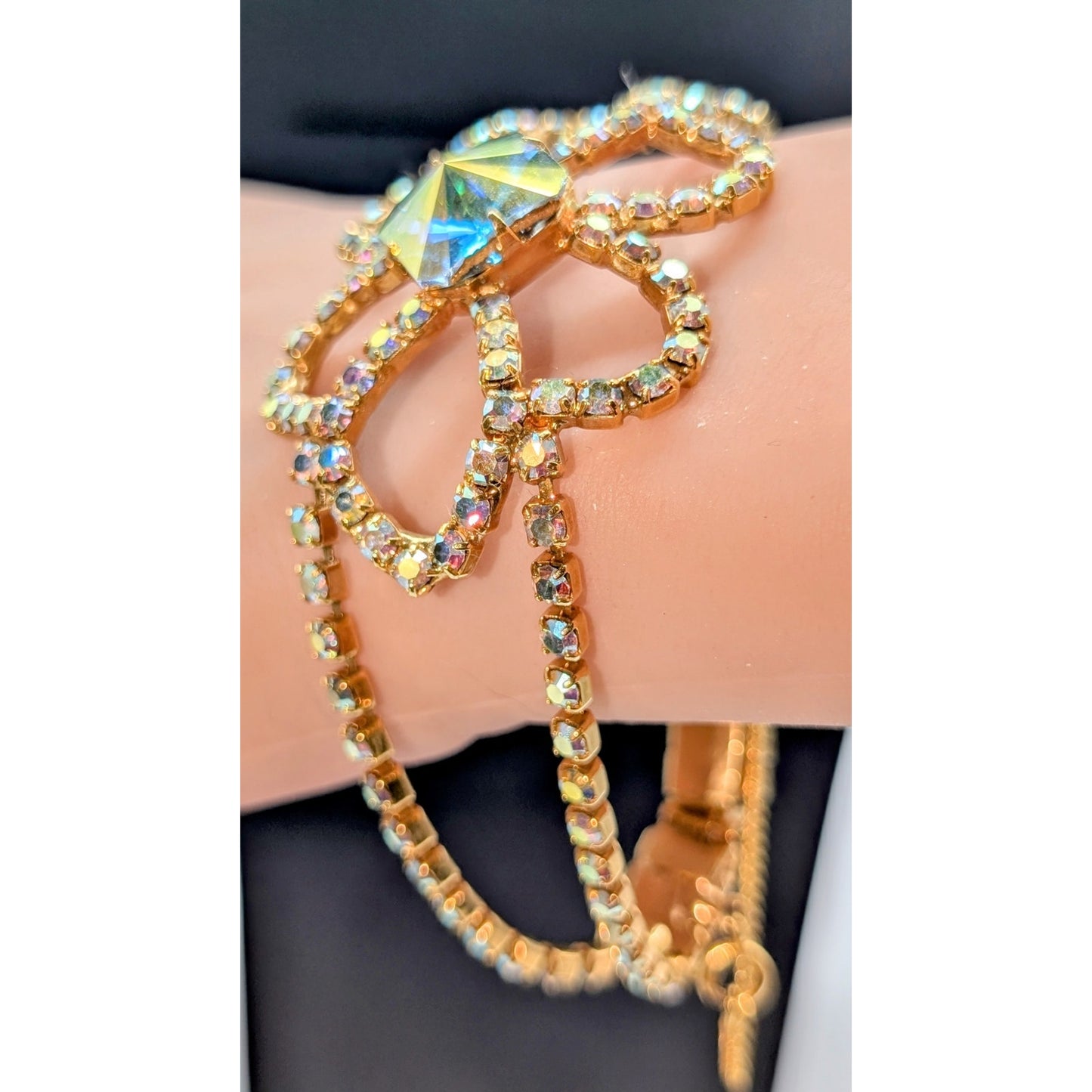 Vintage Mid-Century AB Crystal Rhinestone Gold Tone Bracelet W/ Safety Chain