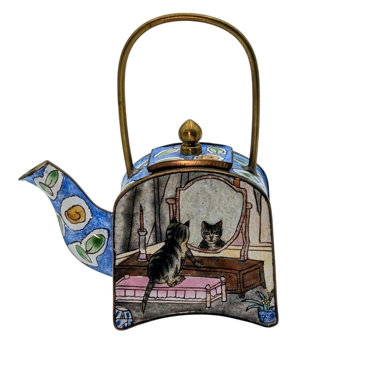 VTG Empress Arts Pretty Kitty Painted Enamel Brass Collectible Mini Teapot