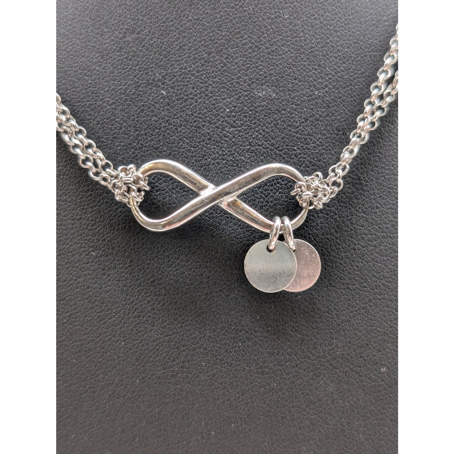 925 Sterling Silver Double Strand Chain Infinity Two Disk Dangle 18" Necklace