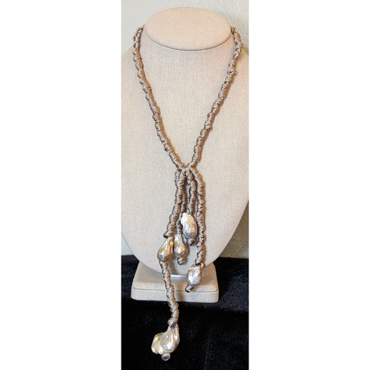 Designer Made in Italy Khaki Natural Linen & Large Baroque Pearl Tassel Necklace