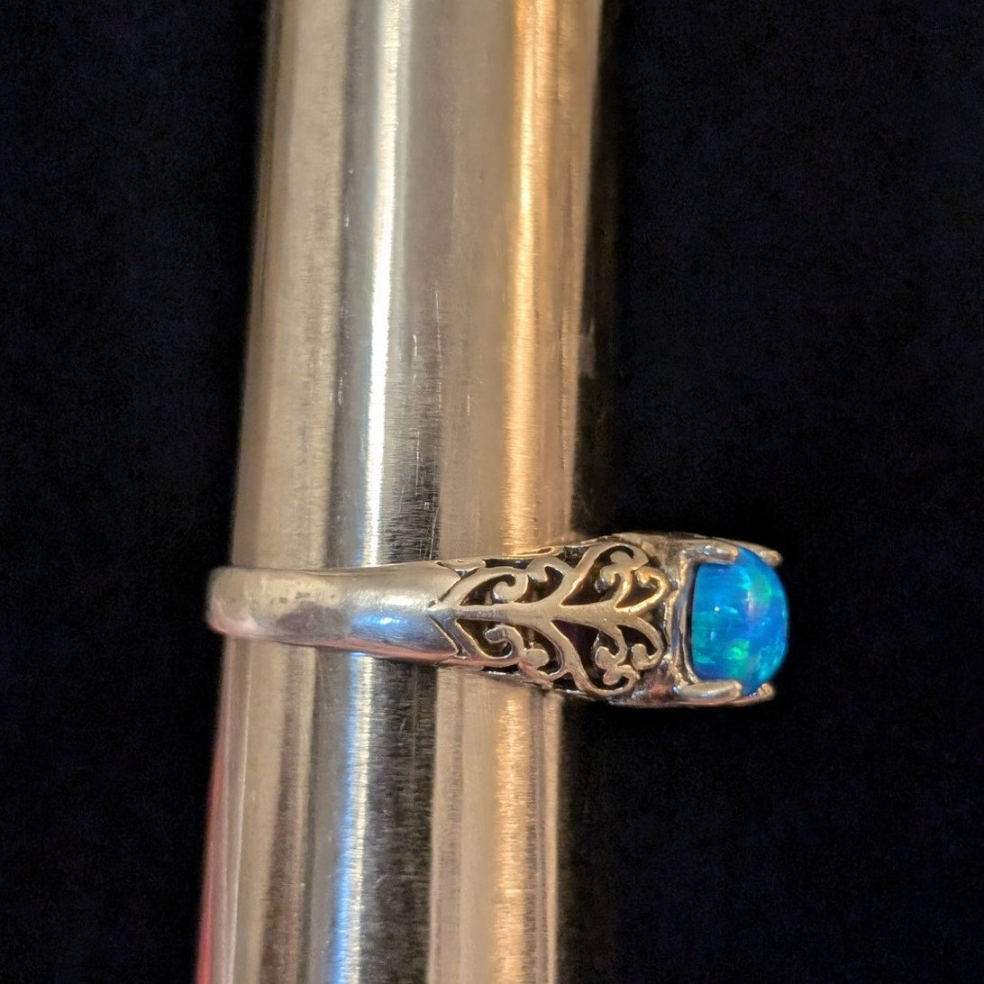 Brilliant Blue Opal Filigree 925 Sterling Silver MF Ring Size 8.5
