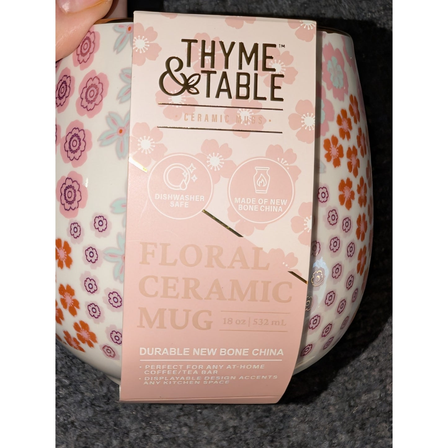 NWT Thyme & Table Pink Floral Ceramic 18 oz. Gold Trim Coffee Tea Mug