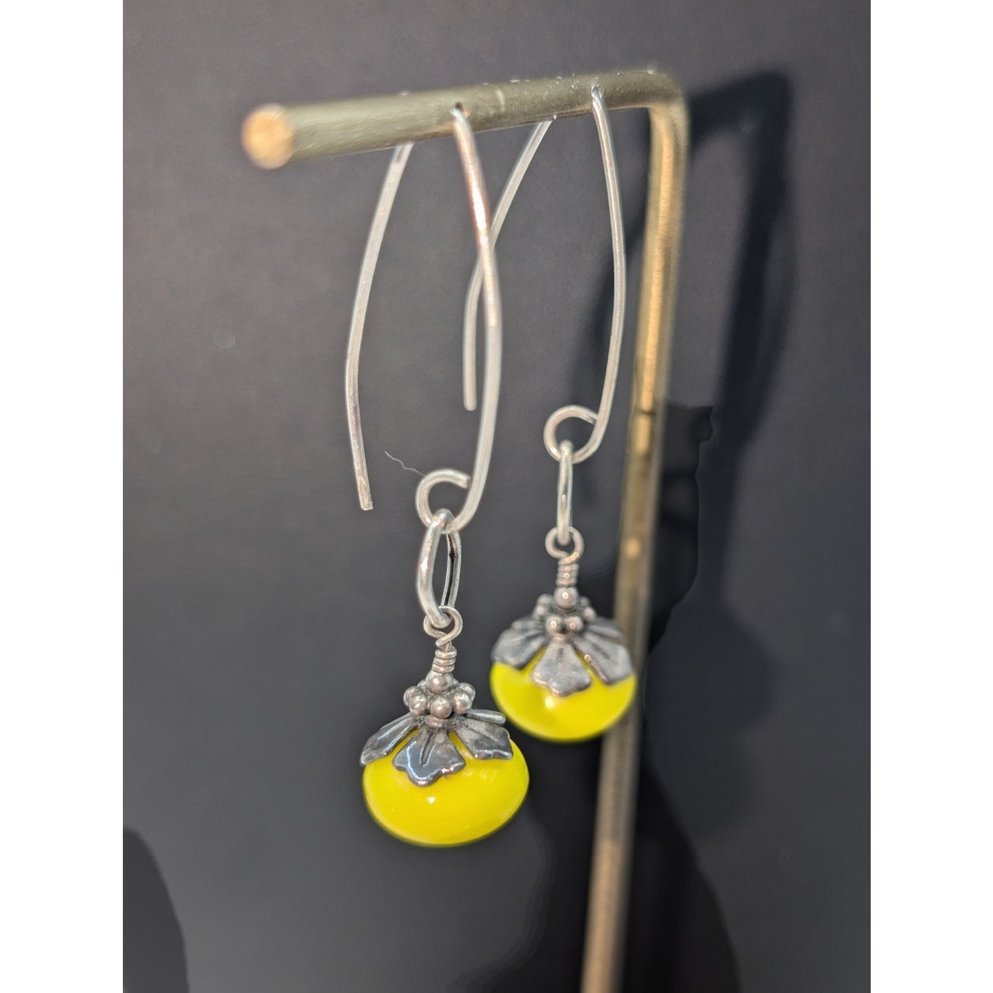 Vintage Pop of Yellow Glass Bead Sterling Wire Dangle Earrings