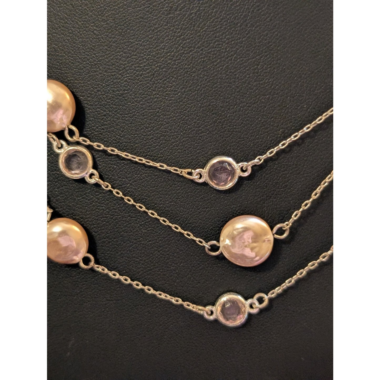 Silver Tone Pink Faux Pearl Pink Crystal Three Strand 16.5"-18.5" Necklace