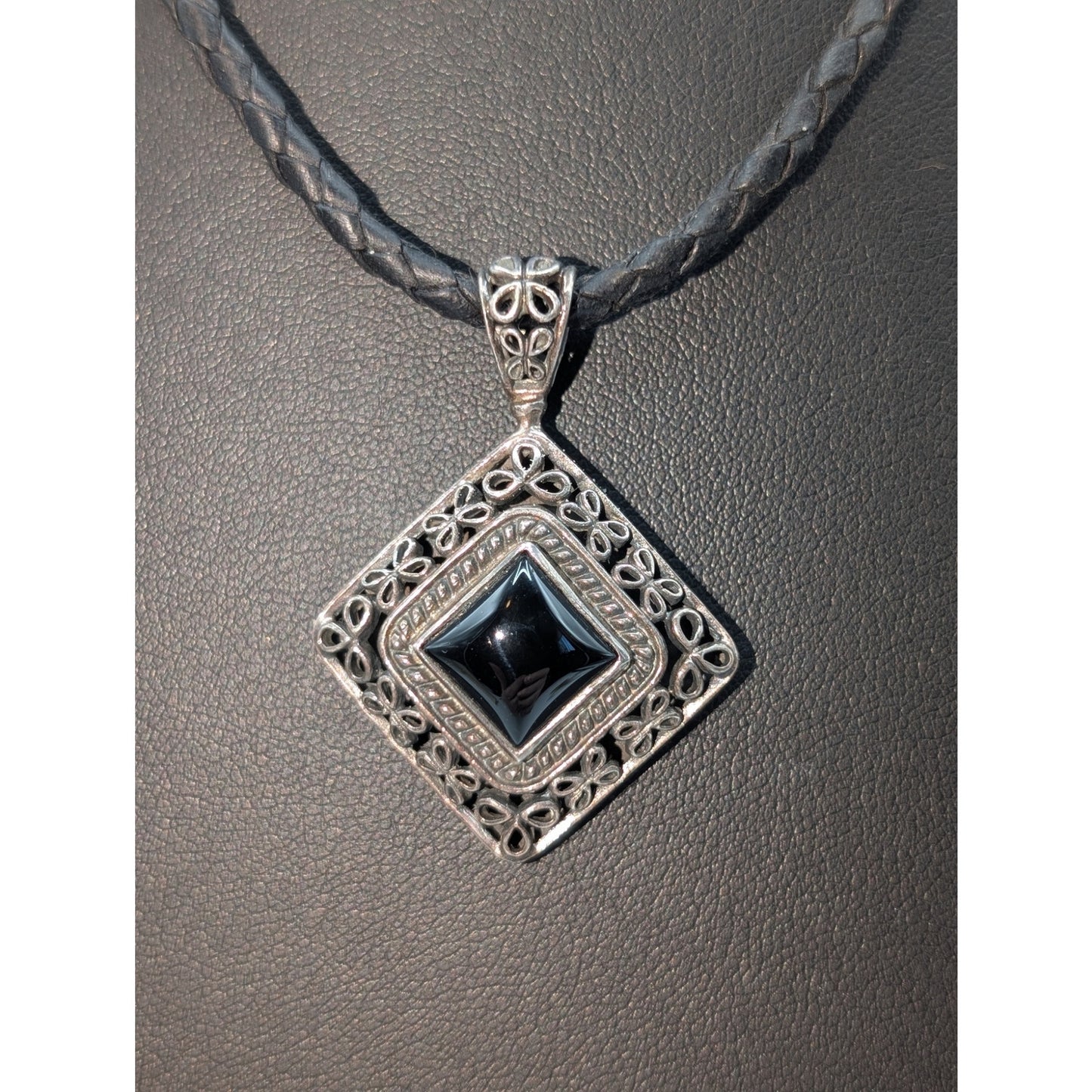 VTG 925 Sterling Silver Black Onyx Filigree Pendant Braided Leather 17" Necklace