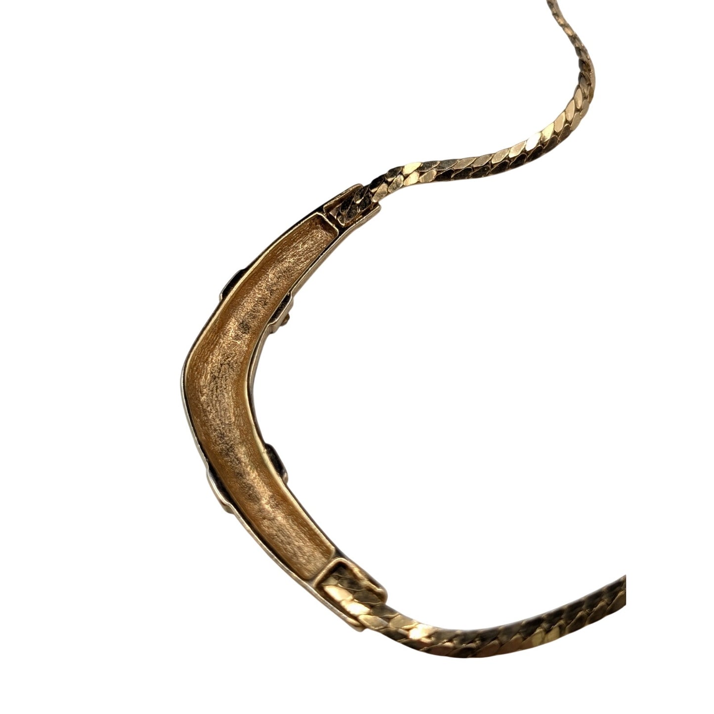 Vintage 1990s Black Enamel Clear Rhinestone Boomerang Gold Tone Classic Necklace