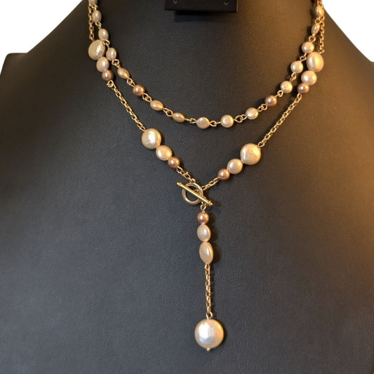 Vintage Anne Klein Double Strand Champagne Penny Coin Pearl Dangle Necklace