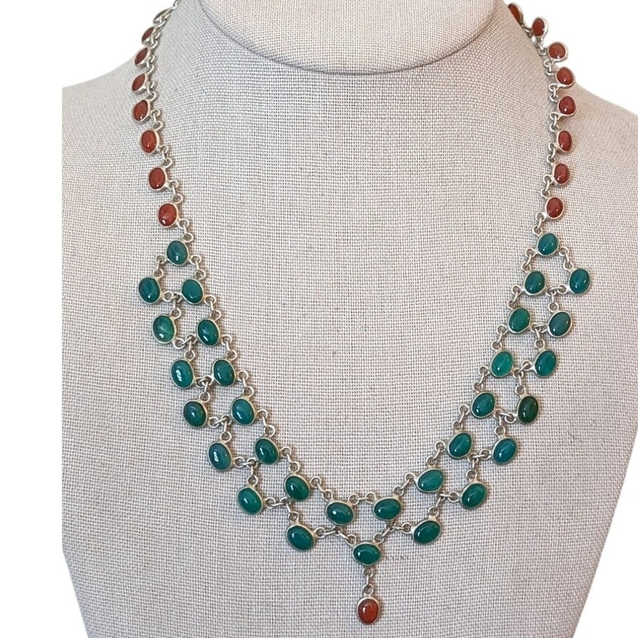 Vtg Green & Red Onyx Cabochons 925 Sterling Silver Collar Hook Clasp Necklace