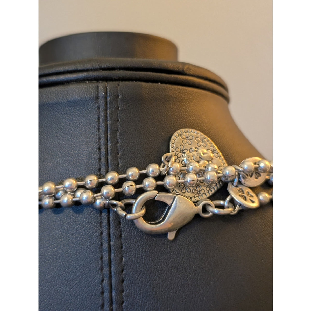 Silver Tone Bead Ball Chain W/ Medallian Charm Dangles & Lobster Claw Clasp